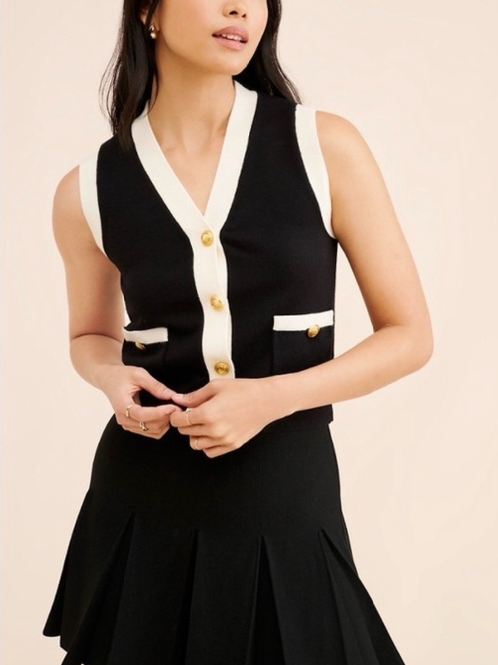 English Factory Black & White Contrast Trim Sleeveless Knit Vest